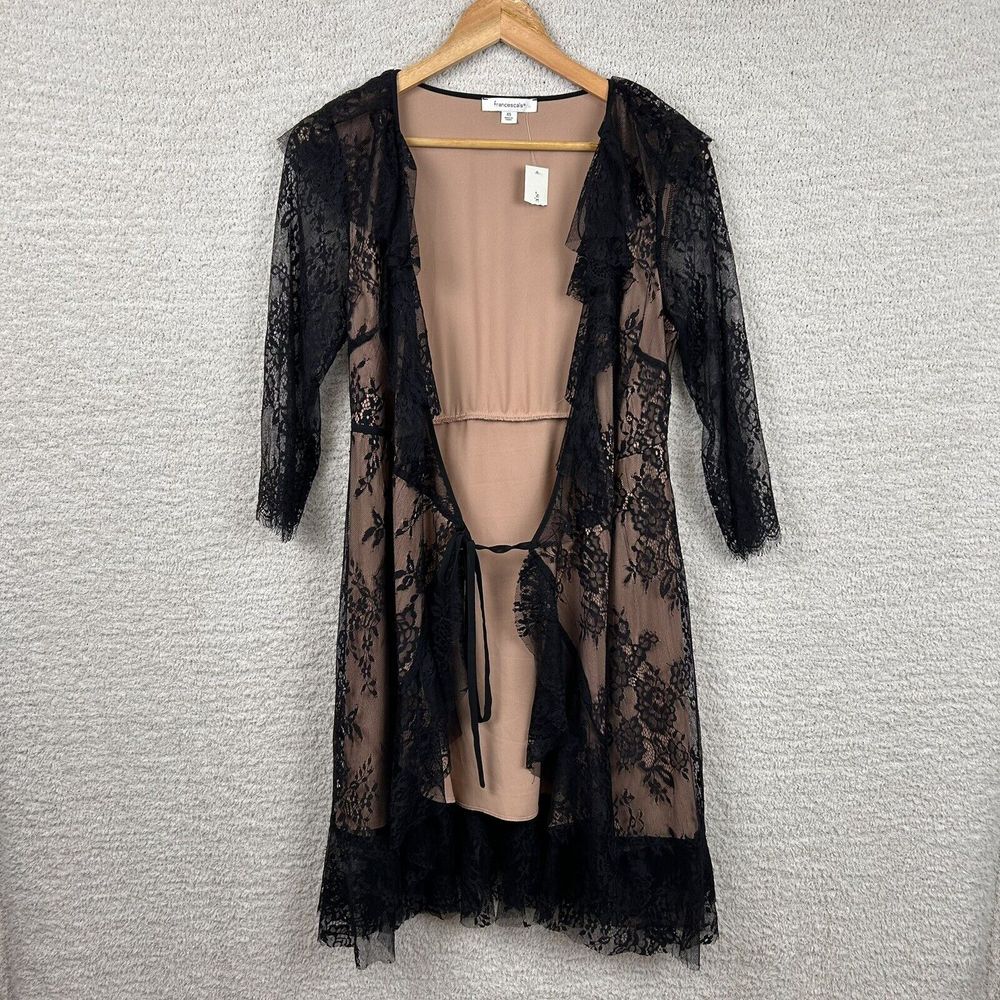 Francesca's Cardigan Womens XS Cream Black Lace Whimsygoth Y2K Floral Tie Front